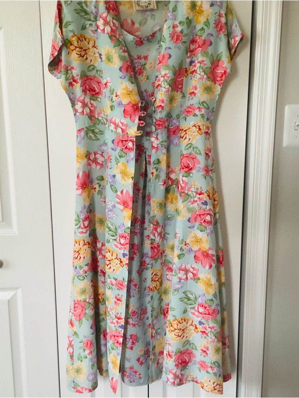 VTG 80’s/90’s Sea Foam Blue Floral Cottage Core Women’s Dress By Erika Medium